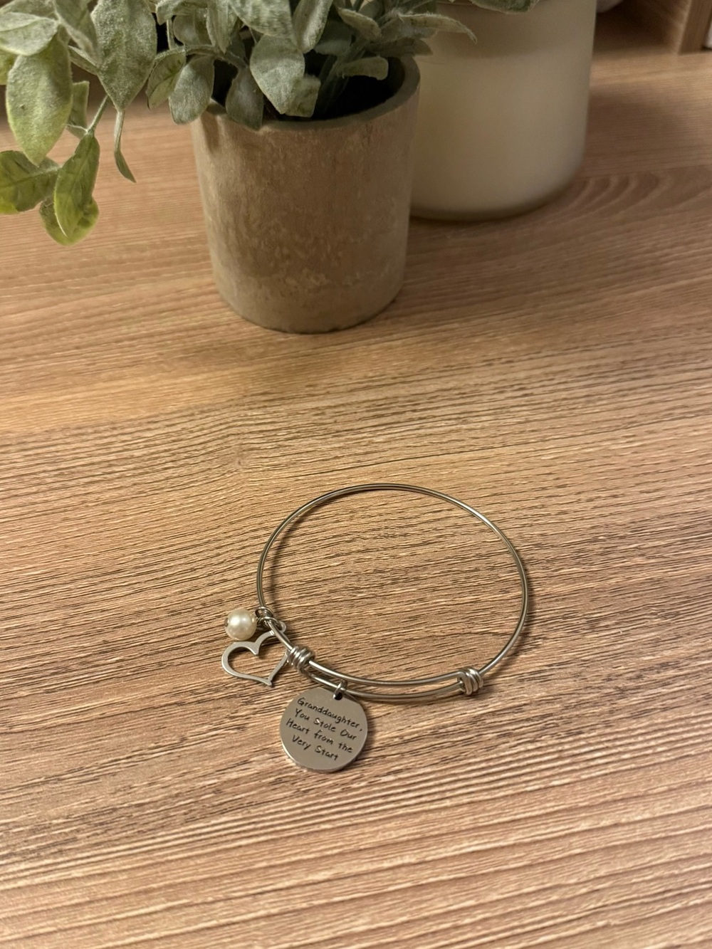 Sterling Silver Heart Charm Bangle Bracelet with Pearl Accent